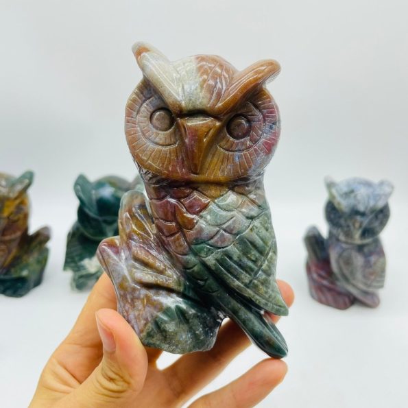 4 pièces de haute qualité jaspe océan hibou sculpture