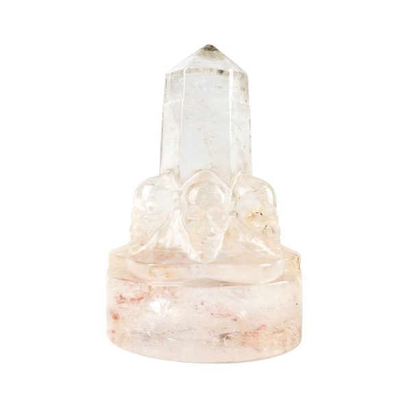 Point de cristal de Quartz clair avec décor de tête de mort sculpture